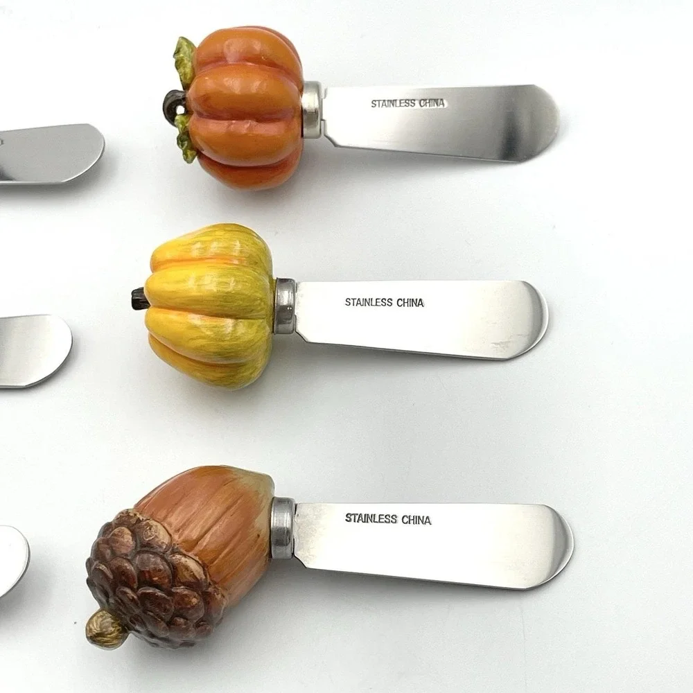 Vintage 2000s Autumn‎ Harvest Cheese Spreaders Sunflower Pumpkin Leaf Acorn Set